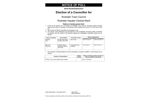 Election for Hayden Central Ward, Rushden Town Council by-election