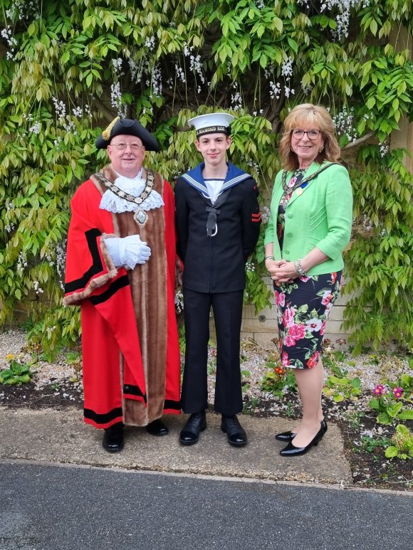 Town Mayor, Cllr David Coleman, Mayor's Cadet, Sea Cadet Ben Dixon,
and Mayor's Consort, Mrs Melanie Coleman

~~~